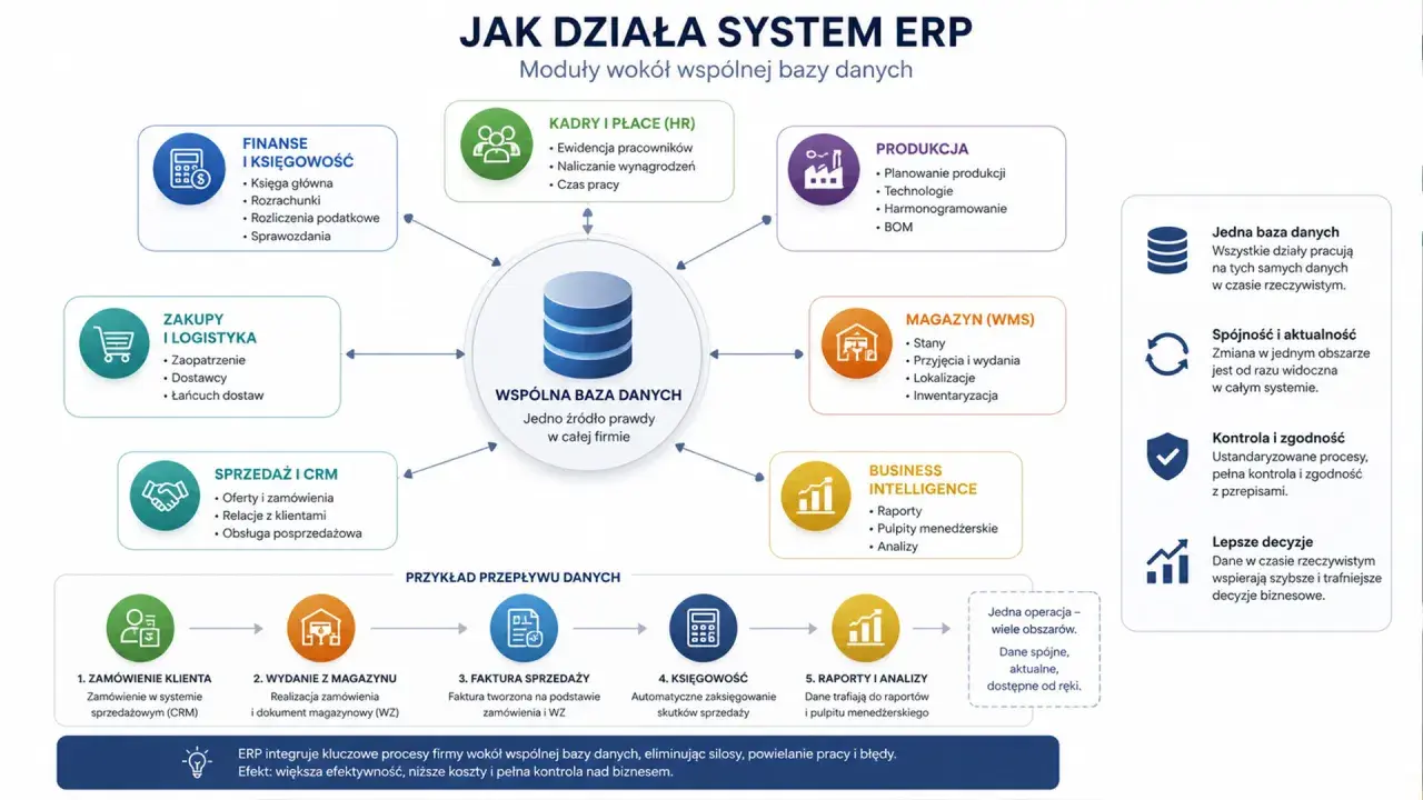 Schemat pokazuje, erp co to jest: system z modułami (finanse, kadry, produkcja, sprzedaż, magazyn, BI) wokół wspólnej bazy danych.