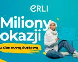 Erli co to? Miliony okazji z darmową dostawą. Młoda kobieta w zimowym stroju siedzi z torbami na zakupy.