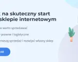 Grafika ilustruje start w sprzedaży e-commerce: kobieta pracuje na laptopie, obok kubek kawy i wieszak z ubraniem. Temat: 7 wskazówek na skuteczny start sprzedaży w sklepie internetowym.