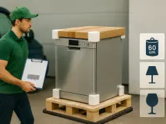 Kurier sprawdza dokumenty przy uszkodzonej paczce InPost. Zmywarka na palecie, zabezpieczona narożnikami.