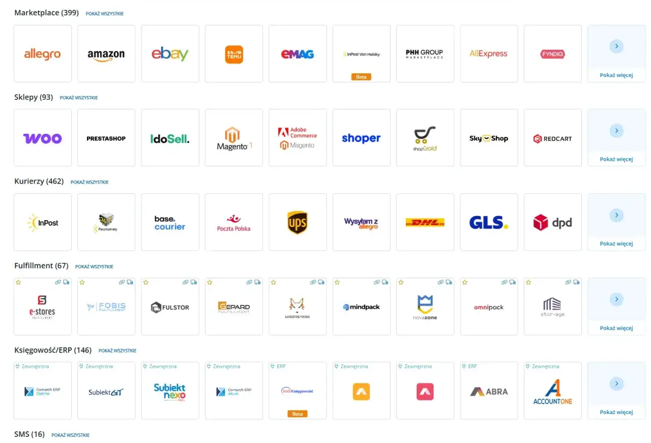 Systemy ERP, marketplace, sklepy, kurierzy i fulfillment. Zintegruj swój biznes z popularnymi platformami.