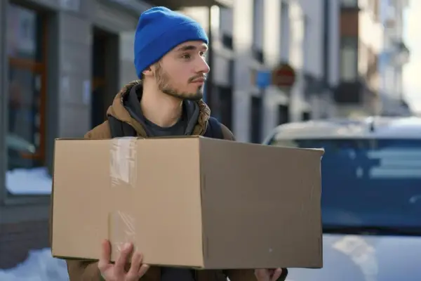 Młody mężczyzna w niebieskiej czapce niesie paczkę. Czy dpd dostarcza w soboty? Zima na ulicy, śnieg na chodniku.
