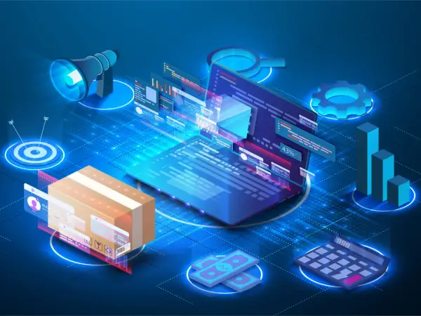 Wizualizacja pokazuje elementy systemu ERP: laptop z danymi, paczkę, pieniądze, kalkulator, wykresy, lupę i głośnik.